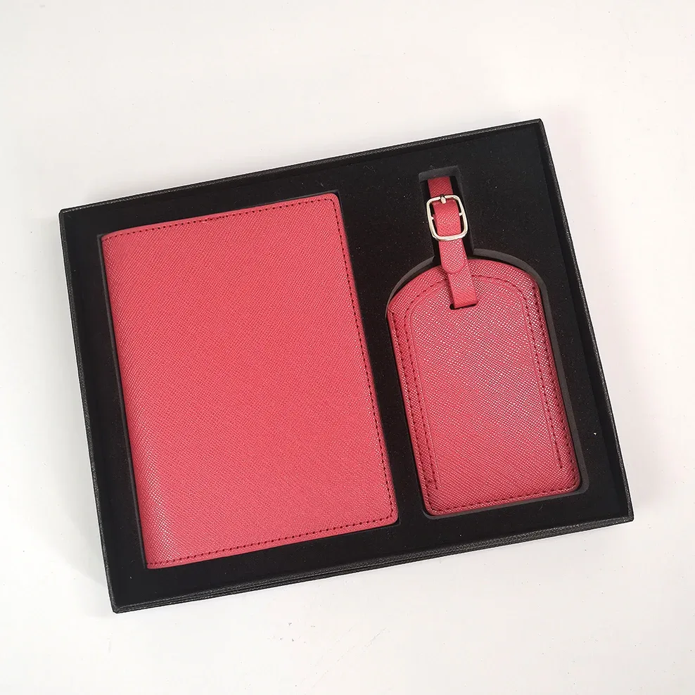 ensemble de couverture de passeport et d'étiquette de bagage en cuir pu de luxe avec boîte, porte-passeport personnalisé avec nom, étiquette de valise personnalisée, vente en gros, cadeau