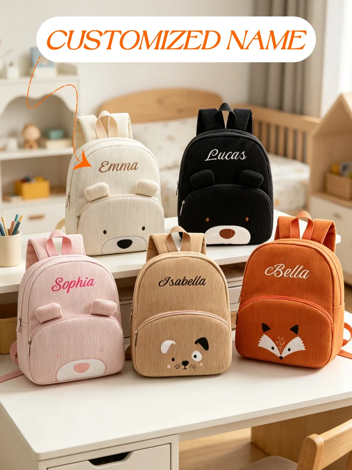 sac à dos de maternelle en velours côtelé, broderie mignonne, nom personnalisé, cartable pour filles et garçon