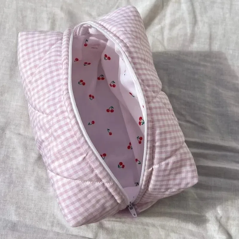 pochette de maquillage couleur bonbon pour femmes, jolie pochette à carreaux de grande capacité, boîte à cosmétiques portable, sacs de rangement pour femmes