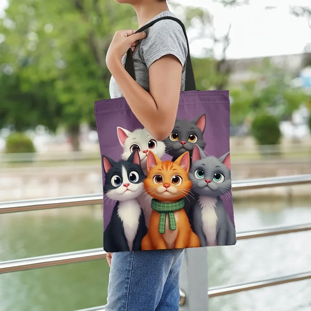 1pc adorable sac fourre-tout chat de dessin animé-polyester durable, conception de chaton orange et blanc vibrant avec écharpe verte