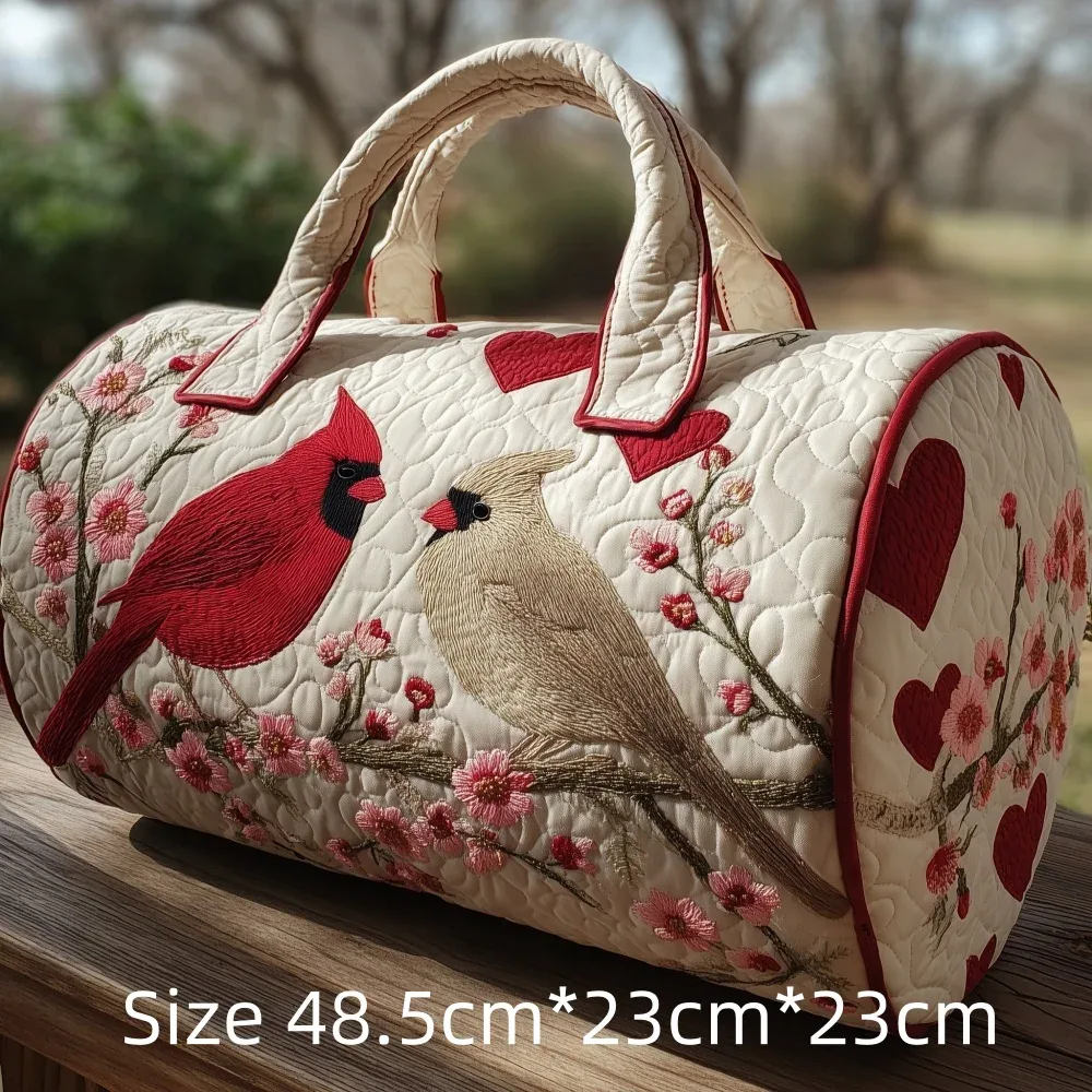 sac de voyage matelassé 3d vintage tendance, imprimé floral oiseau cardinal, sac de week-end, de sport ou de plage durable, sac fourre-tout pour femme
