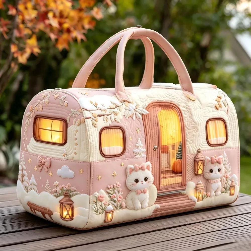 sac à main matelassé vintage de noël pour femme, motif camping-car, broderie 3d neige, citrouille, pin, lanterne, grande capacité, sac de voyage