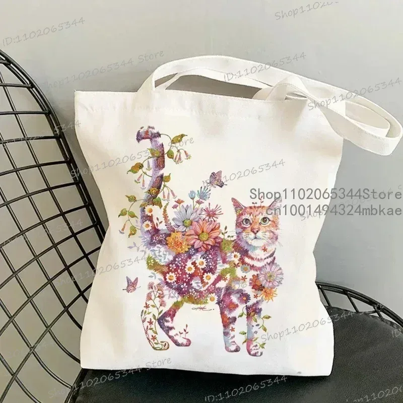 sac à main chat et fleur pour femmes, vintage, esthétique, design chaton, sacs de shopping, fourre-tout réutilisable pour adolescentes, sac à bandoulière