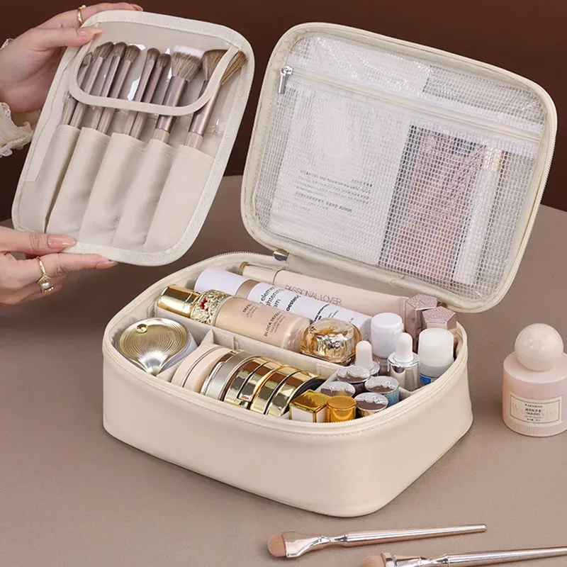 sac de maquillage fourre-tout de grande capacité en pu, organisateur de voyage portable, sac de rangement de cosmétiques de toilette, pochette de luxe à double couche pour femmes
