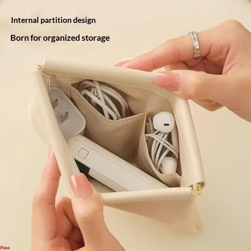 Sac de rangement en cuir PU tendance, fermeture automatique, étanche, portable, pour écouteurs, câbles de charge, cosmétiques, rouges à lèvres et bijoux