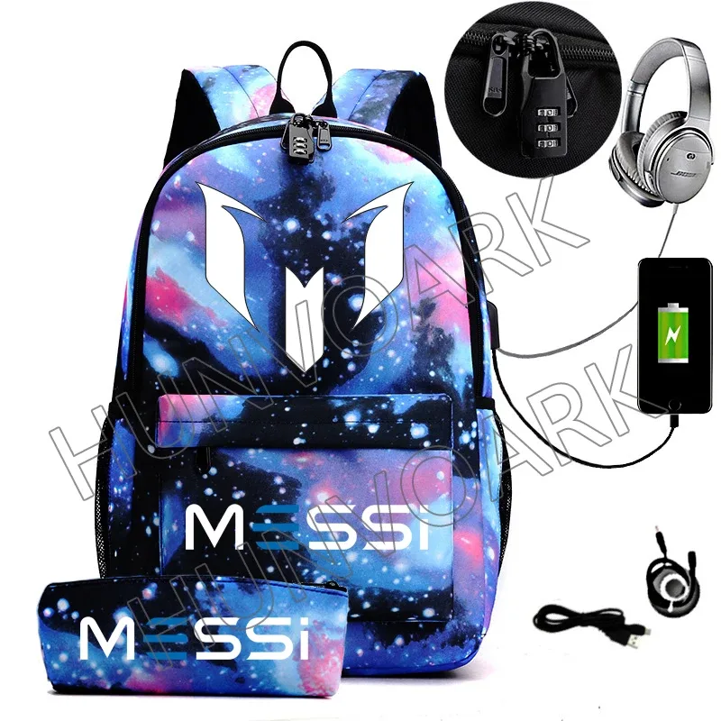 2 pièces messi sac à dos an-ti lock usb femmes hommes capacité adolescents sacs d'école pour ordinateur portable décontracté lycéens mochilas