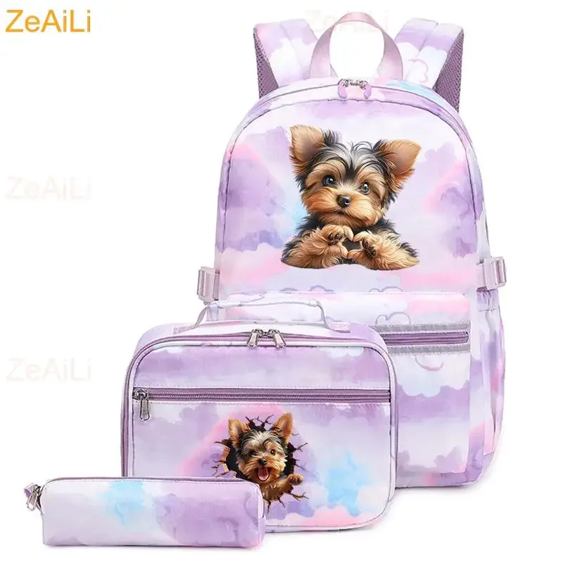 lot de 3 sacs à dos mignons pour étudiants et adolescents, motif patte de chien et chat, couleur violette, avec sac à déjeuner, sac de voyage coloré, sacs d'école pour garçons et filles, ensembles de mochilas