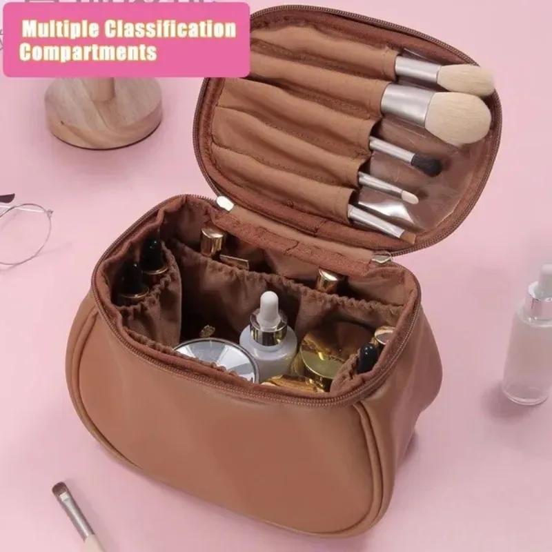 sac de maquillage portable en pu, grande pochette cosmétique imperméable, avec poignées, sac de rangement multifonctionnel pour articles de toilette de voyage