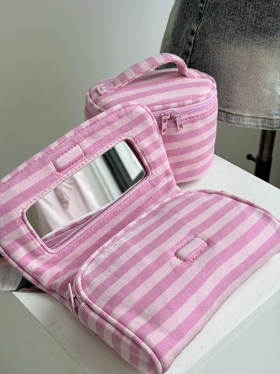 nouvelle trousse de maquillage rose rayée mignonne pour femme y2k, sac à main portable avec miroir et fermeture éclair, pochette de toilette en coton doux, organisateur de voyage cosmétique