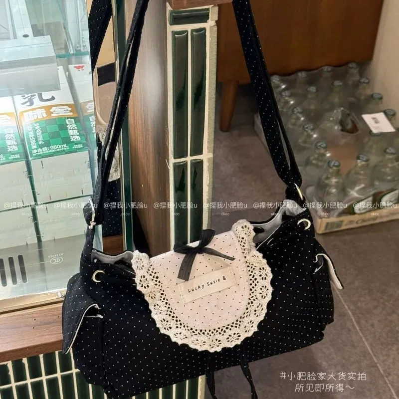 sac à bandoulière coréen noir et blanc à pois avec dentelle, simple et mignon, avec nœud et cordon de serrage, pour étudiante