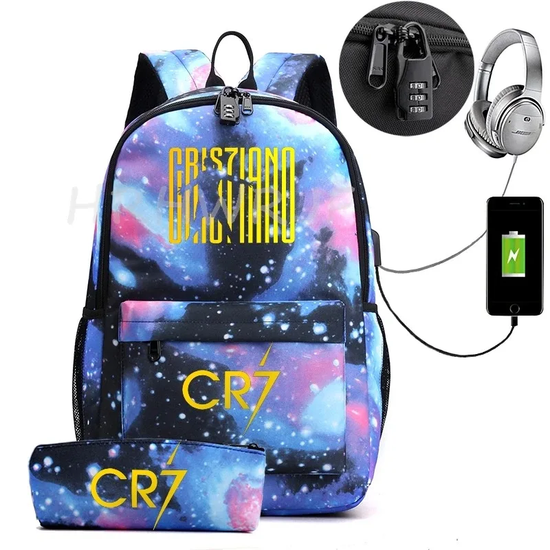 sac à dos usb cr7 pour femmes et hommes, sac à dos de voyage décontracté anti-vol, sacs d'école pour adolescents avec capacité pour ordinateur portable, avec trousse à crayons, 2 pièces
