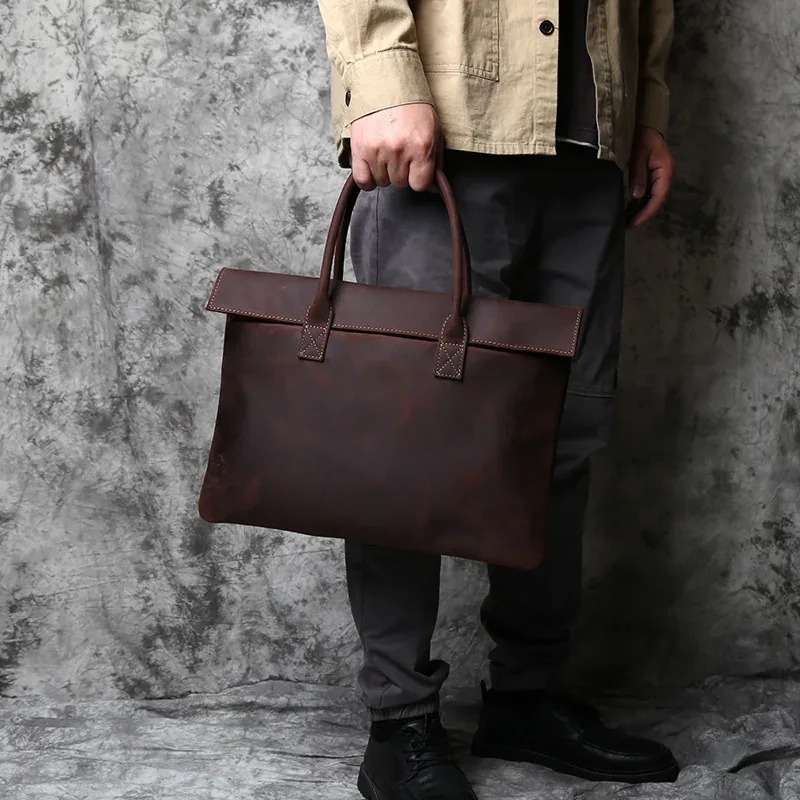 nzpj – mallette rétro en cuir pour hommes, sac à main décontracté, couche supérieure en peau de vache, sac d'affaires pour tablette, pochette fine pour ordinateur portable 16 pouces
