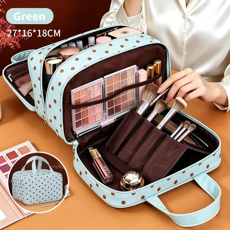 sac de maquillage portable à pois, multifonctionnel, à trois compartiments, en pu, grande capacité, imperméable, sac de rangement de voyage