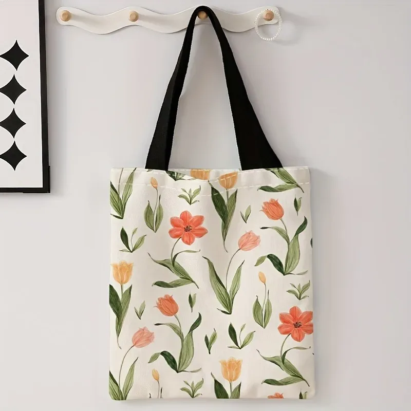 sac fourre-tout imprimé à motif de lettres florales, sac à bandoulière réutilisable à la mode, sac à main en polyester, sac de shopping léger et décontracté