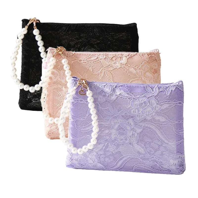 petite trousse de maquillage en dentelle à fleurs avec chaîne de perles, pochette à cosmétiques pour femmes, organisateur de voyage, sac à main portable pour clés de téléphone, porte-monnaie