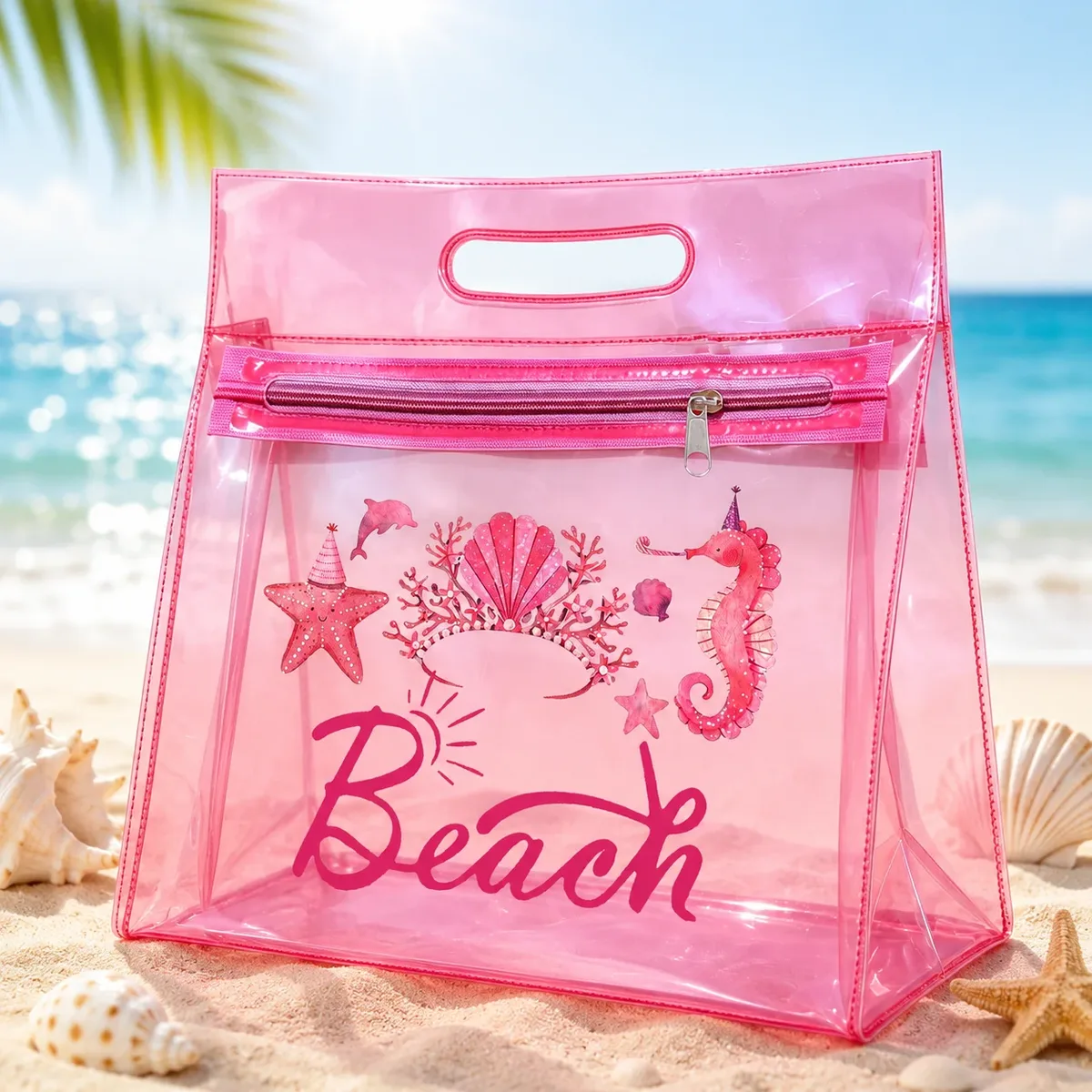 Sac de plage en PVC transparent rose, organiseur de cosmétiques étanche avec fermeture éclair pour femmes, piscine, voyage, articles de toilette et été