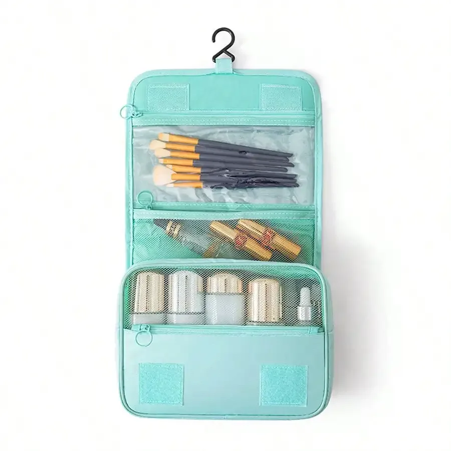 trousse de toilette de voyage de style coréen, trousse de maquillage, sac à crochet, sac de rangement multifonctionnel universel de grande capacité avec séparation sec/humide.