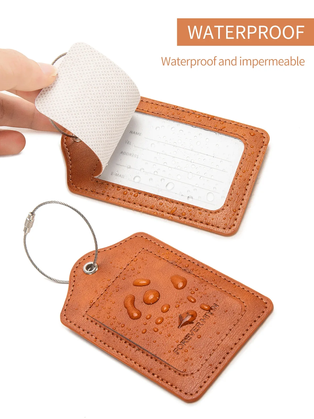 étiquette de bagage en cuir pu avec boucle de câble anti-perte et couvercle de protection de la vie privée intégré, adaptée aux bagages et sacs de voyage.