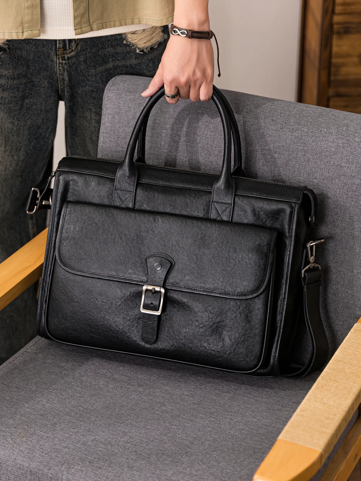 porte-documents simple et décontracté pour hommes, première couche en cuir de vache, de luxe, pour le travail d'affaires, fait à la main, en cuir véritable, pour ordinateur