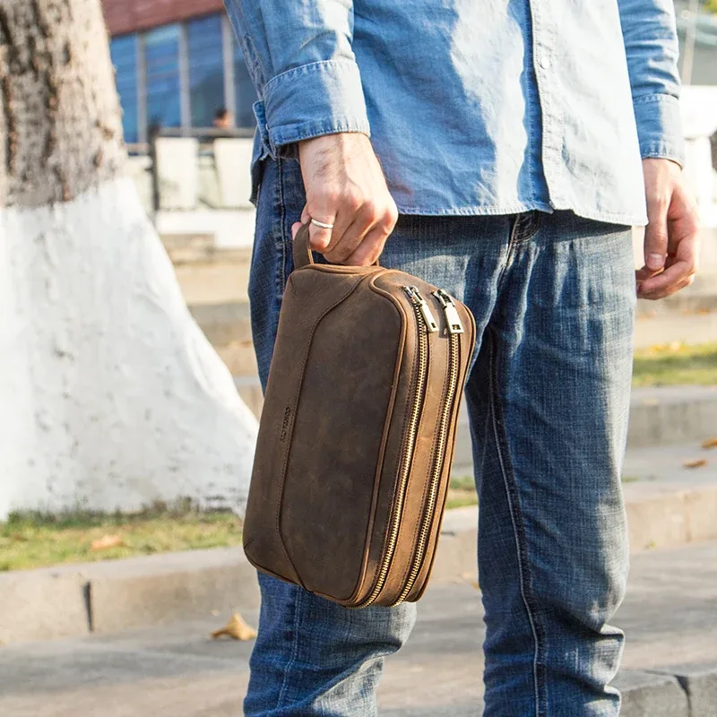 contact's – sac à cosmétiques en cuir véritable pour hommes, pochette de maquillage de luxe de grande capacité, organisateur de voyage, sacs de toilette vintage, rangement