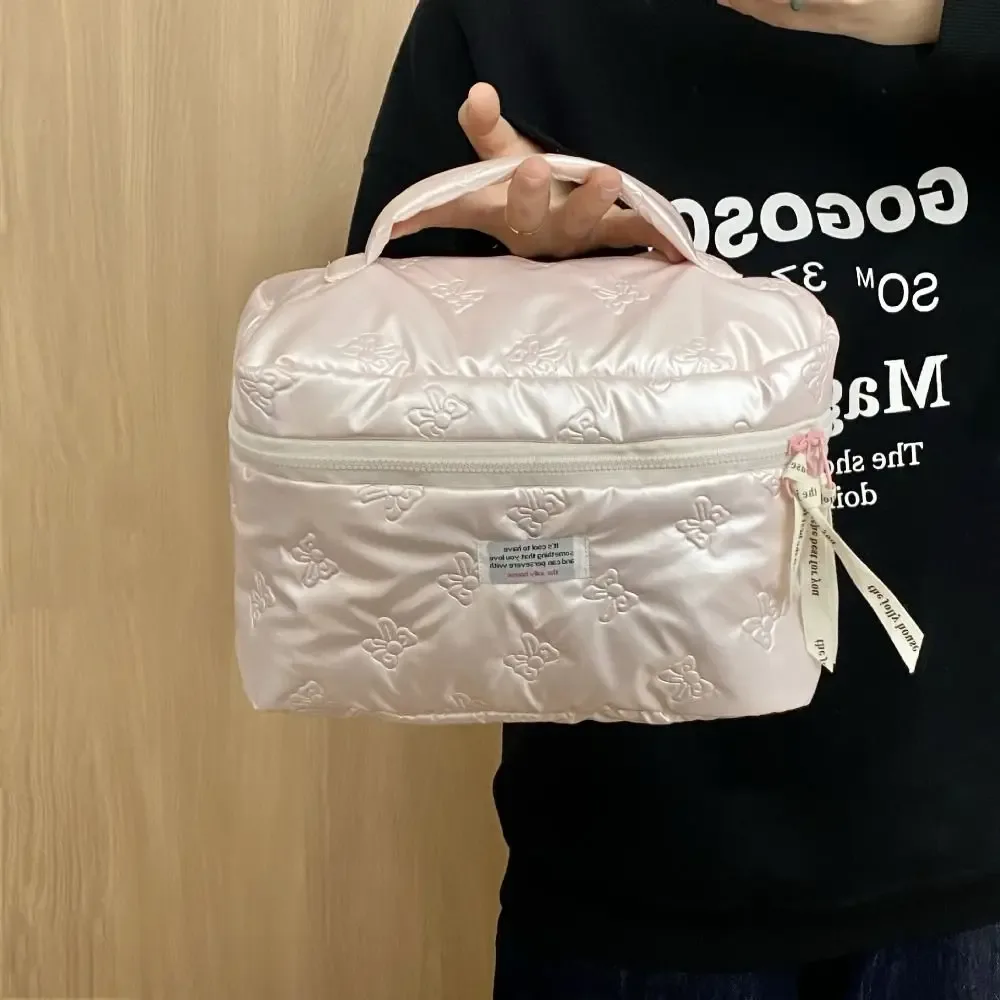 sac à cosmétiques élégant en pu avec décoration en nœud, compartiment de rangement, trousse de maquillage multifonction, trousse de toilette pour femmes