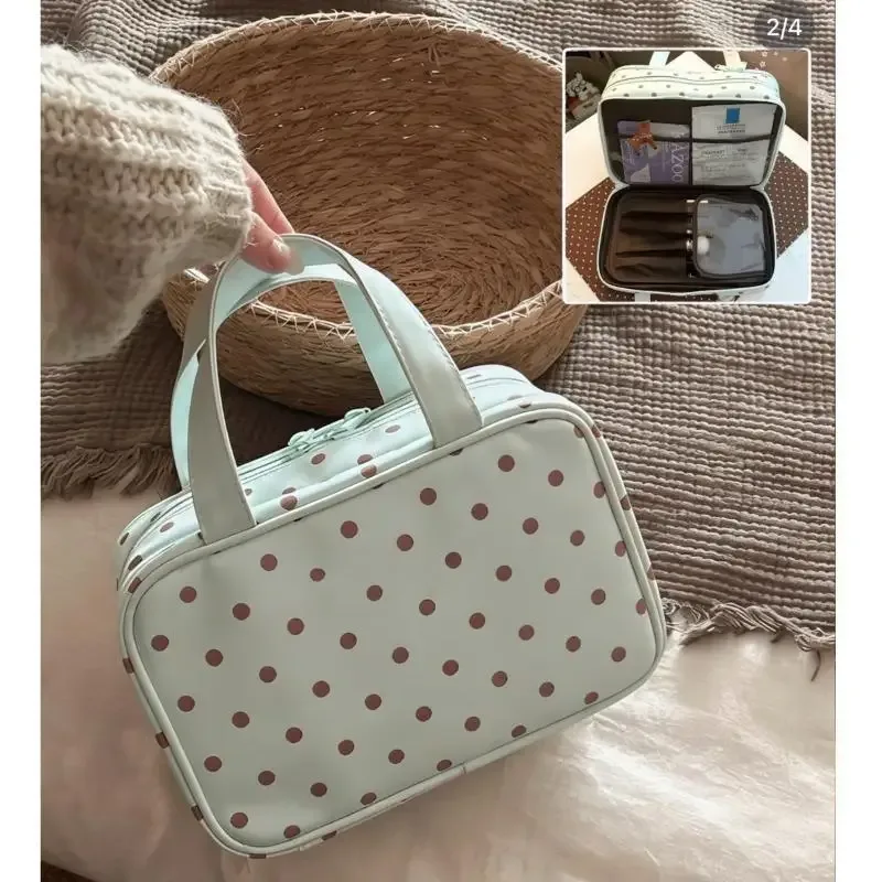 sac de maquillage portable à pois, multifonctionnel, à trois compartiments, sac cosmétique en pu, grande capacité, sac de rangement de voyage imperméable