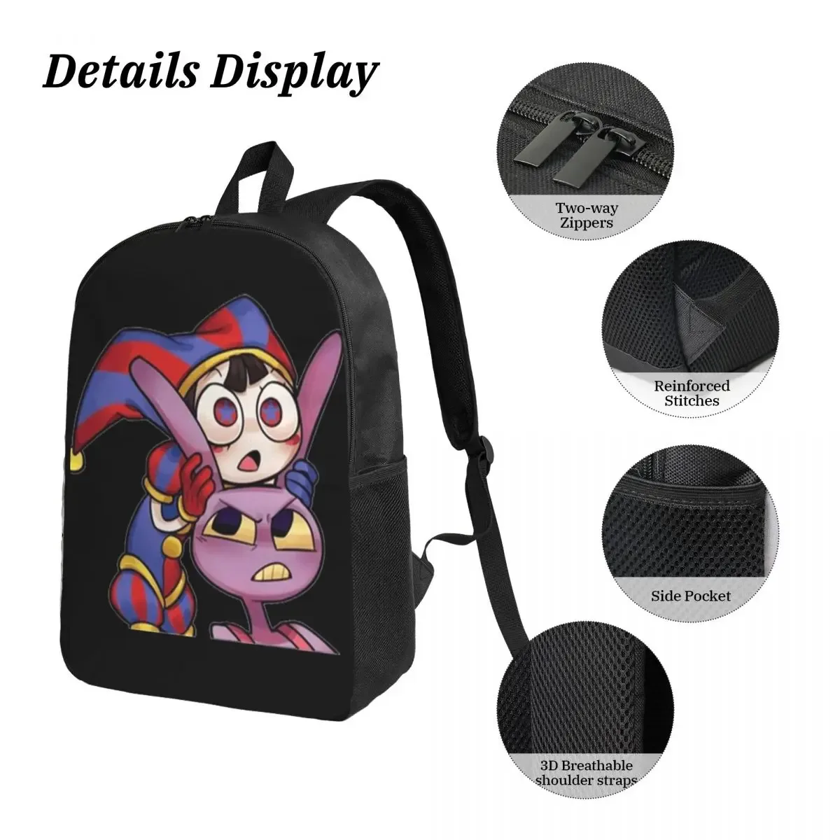 pomni tadc jax l'incroyable cirque sac à dos garçon filles bookbag sac d'école ordinateur portable sacs à bandoulière 3ps sac à déjeuner isolé trousse à crayons