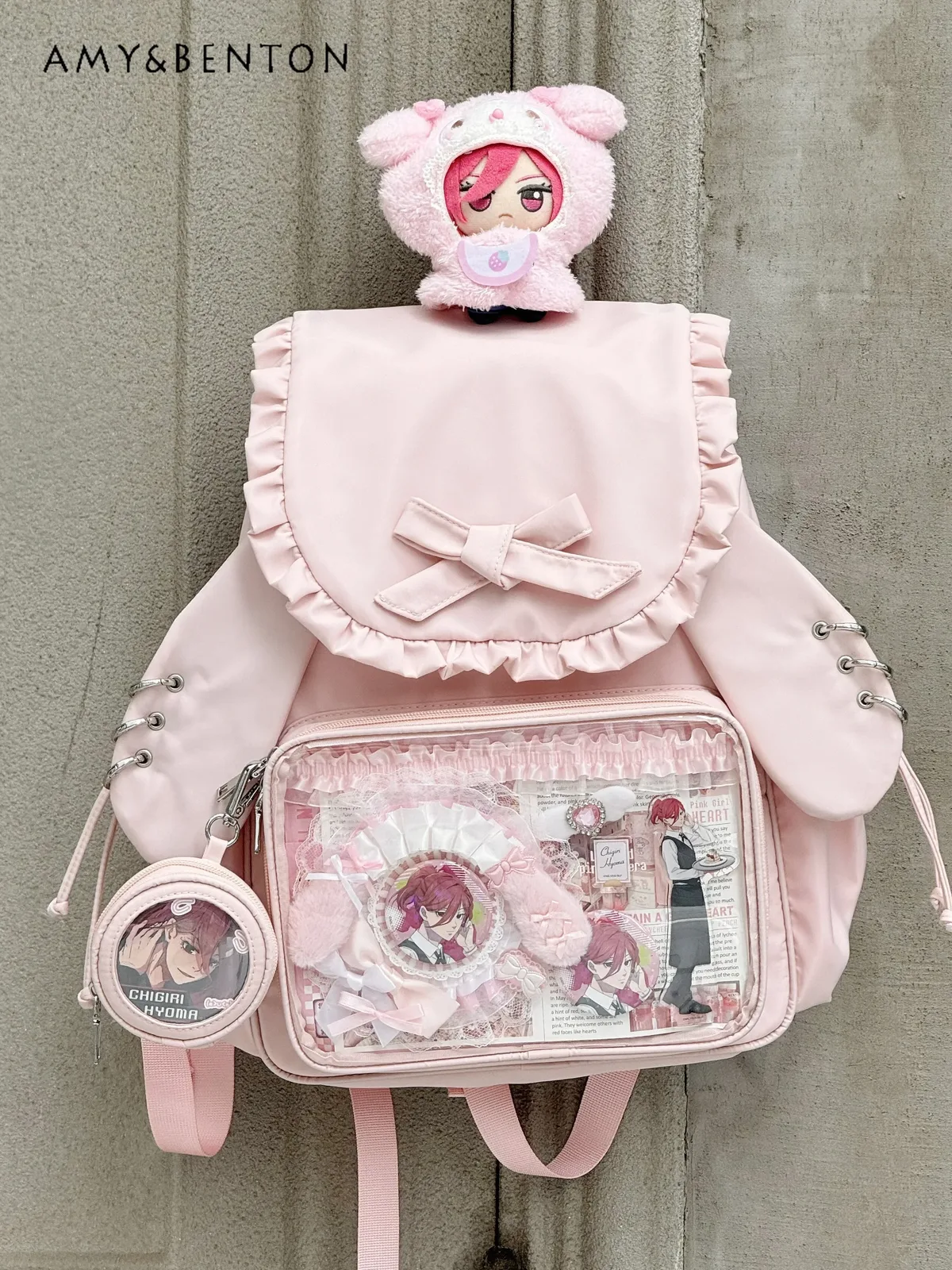 Sac à dos bidimensionnel transparent de grande capacité pour femme, sacs originaux mignons, nœud doux, oreilles de lapin, style preppy, sacs à dos Kawaii