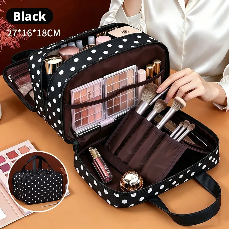 sac de maquillage portable à pois, multifonctionnel, à trois compartiments, en pu, grande capacité, imperméable, sac de rangement de voyage