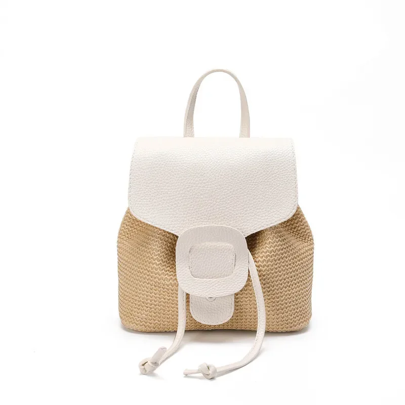sac à dos en paille et pu pour femmes, sac à bandoulière avec cordon de serrage, sac de jour de voyage de grande capacité pour adolescentes