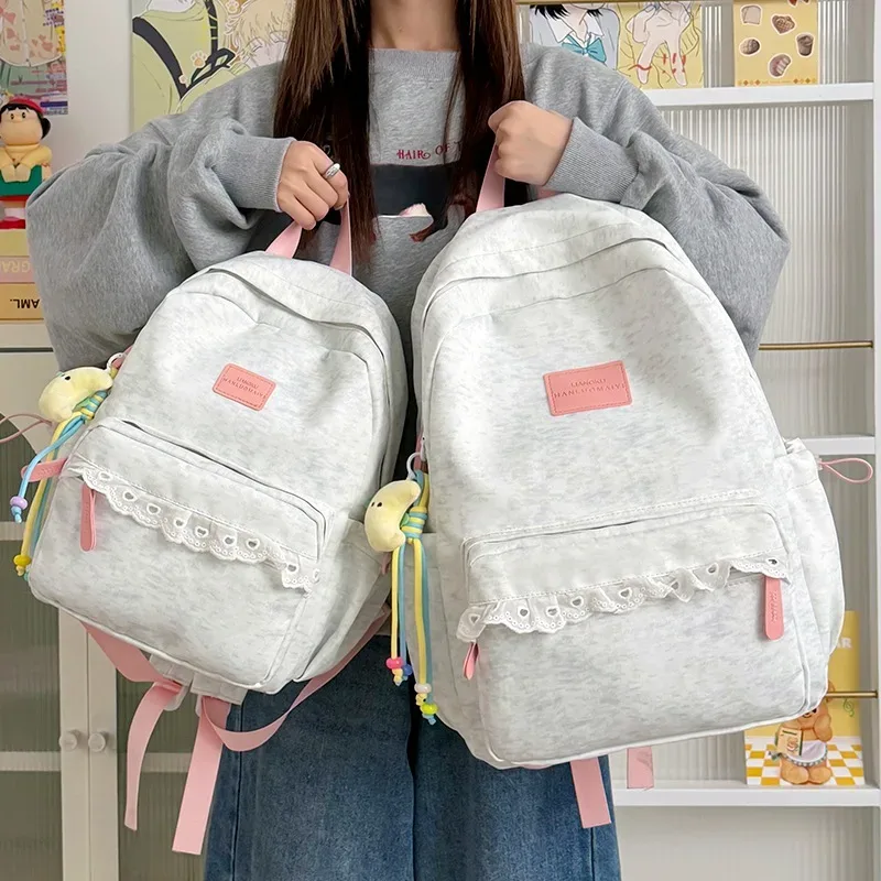 Nouveau Sac à Dos de Voyage 2026 en Dentelle Style Japonais Ins Léger Grande Capacité pour Femme, Sac d'École Respirant en Nylon Imperméable