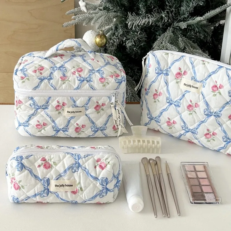 sac de maquillage en tissu de coton avec nœud mignon pour femmes, organisateur de cosmétiques à fermeture éclair, sac à main en forme de boîte, trousse de toilette portable pour filles
