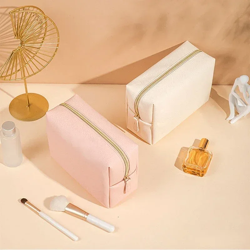 trousse cosmétique étanche en cuir pu, trousse de toilette portable, trousse de maquillage à fermeture éclair, document solide, poudres de maquillage, trousse de voyage