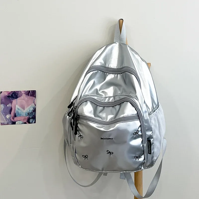 sac à dos en nylon argenté de grande capacité, cartable de voyage, observateur et étanche, pour femme