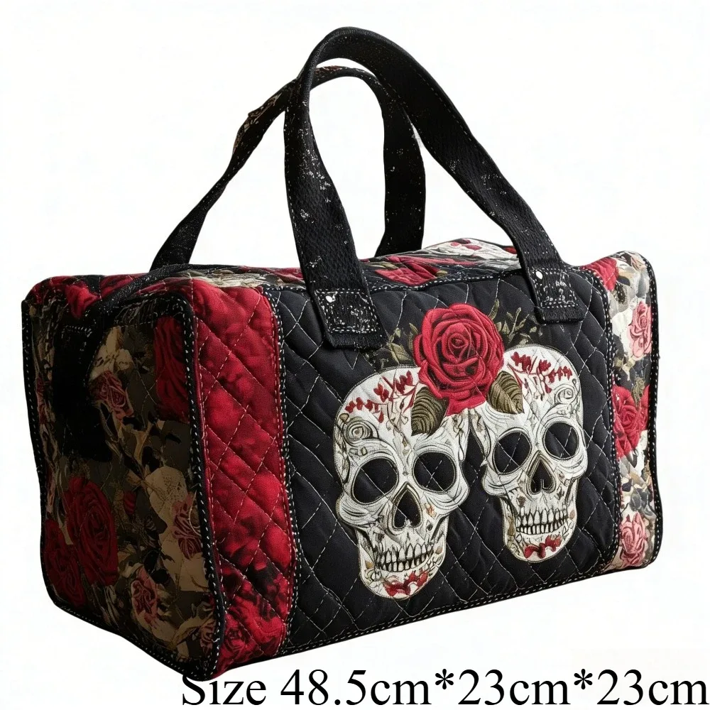 sac de voyage matelassé 3d vintage gothique imprimé crâne et rose, sac de week-end, bagage cabine, sac à main y2k style motard chic, sacs de vacances uniques