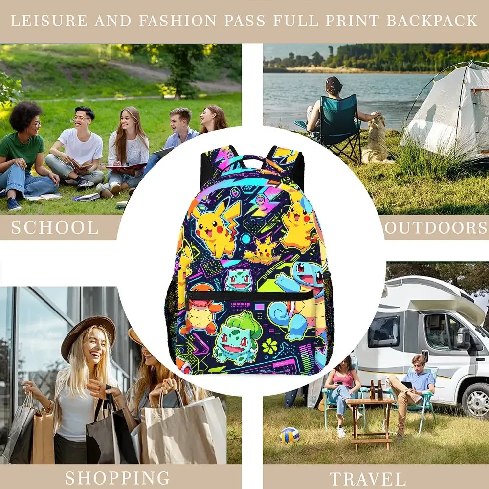 sac à dos imprimé avec des personnages de pokémon neon vibe, sac d'école léger pour voyage en plein air