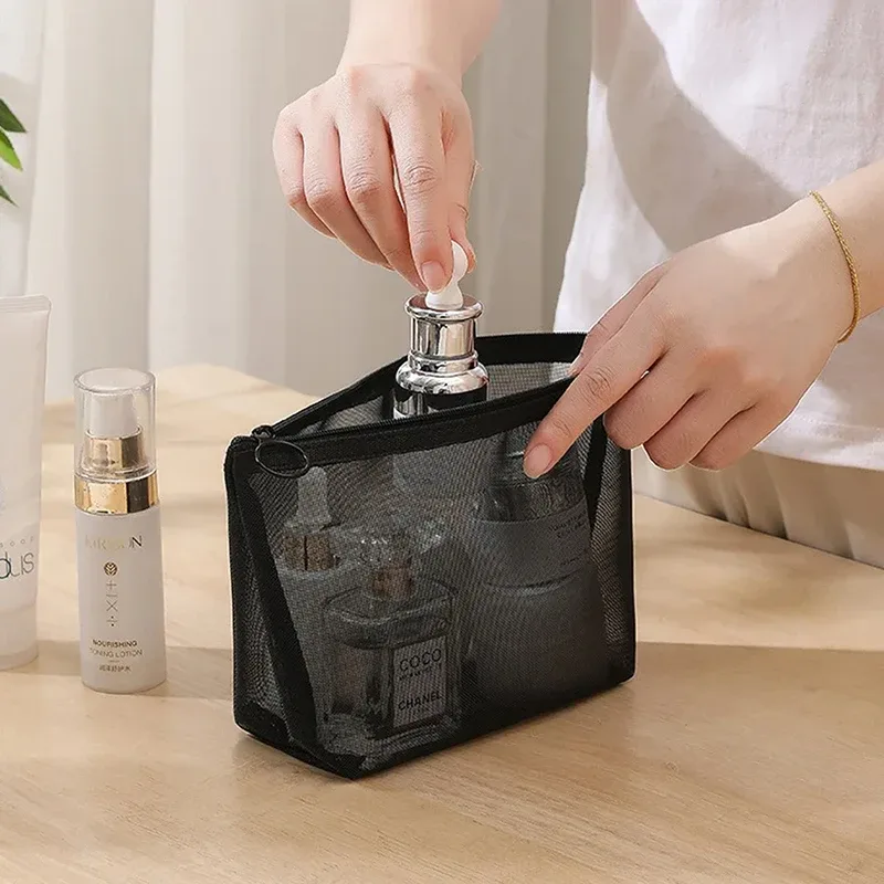 sacs cosmétiques transparents en maille, petits et grands, sacs de maquillage noirs, organiseur de voyage portable, étui de rangement pour rouge à lèvres