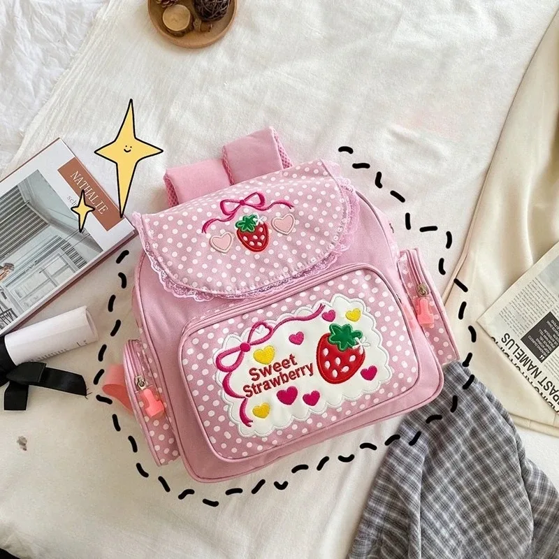 sac à dos rose brodé fraise pour enfants, cadeau d'anniversaire pour étudiant, nouvelle mode 2026, sac à dos rose kawaii dessin animé pour livres
