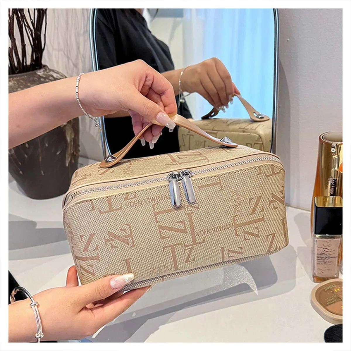 nouveau sac de maquillage femme portable en cuir grande capacité portable voyage cosmétiques zone sac de rangement trousse de toilette logo personnalisation