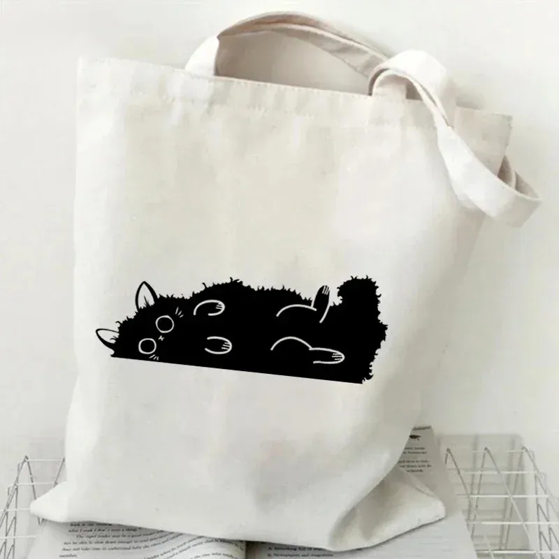 sac fourre-tout en toile imprimé chat, motif chat de dessin animé mignon, sac à bandoulière pour les courses quotidiennes, pour les amoureux des animaux de compagnie, bolso grande mujer