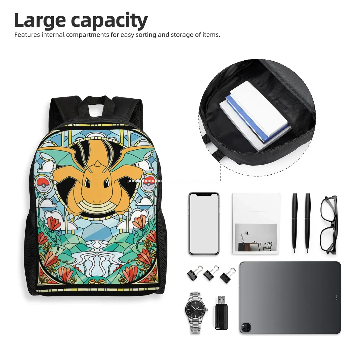 sacs à dos pokemon dragonite stained glass dragon type generation 1 daypack mochila journey sac à dos à fermeture éclair