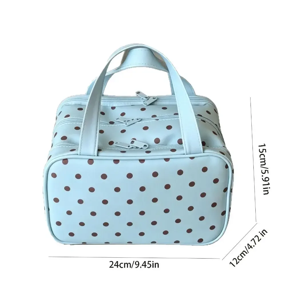 sac de maquillage portable à pois, multifonctionnel, à trois compartiments, en pu, grande capacité, imperméable, sac de rangement de voyage