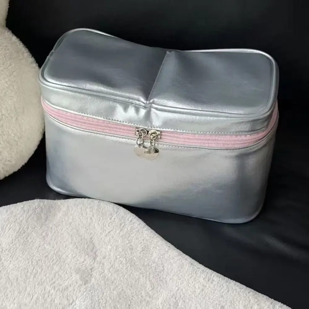 sac de maquillage en cuir pu argenté multifonctionnel grande capacité pochette de rangement cosmétique avec poignée amovible