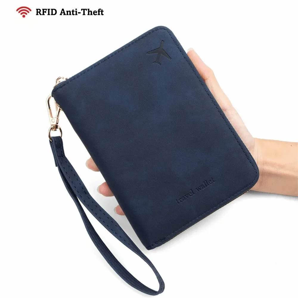 portefeuille de voyage multifonctionnel en pu avec protection rfid, couleur unie, anti-magnétique, fermeture éclair, sac de rangement pour documents, unisexe