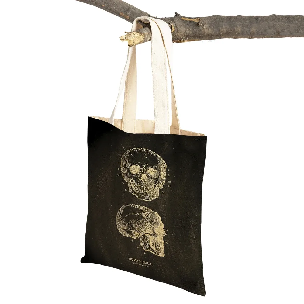 vintage squelette anatomique tableau crâne shopper sac fourre-tout dame sac à main décontracté toile coeur double impression femmes sacs à provisions