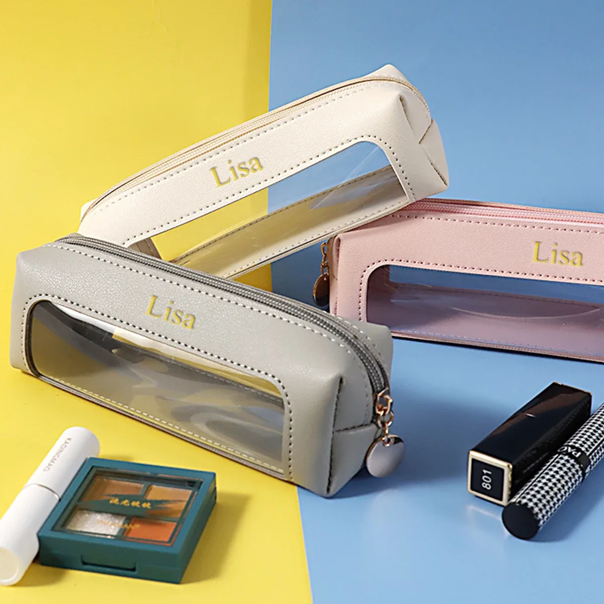 étui à stylos en cuir pu avec lettres personnalisées, sac de rangement en pvc, sac de papeterie portable transparent de grande capacité