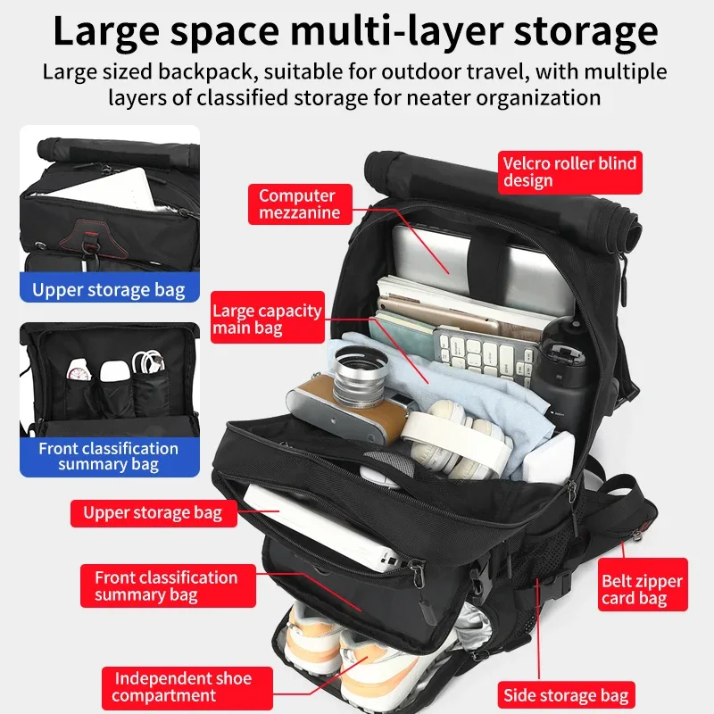 sac de voyage pour l'extérieur de 60-80l, grande capacité, valise pour ordinateur portable de 18 pouces, sac à dos multifonctionnel imperméable