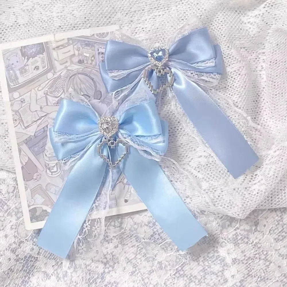 1/2pcs kit de nœuds en ruban à faire soi-même, double couche, avec pendentif en forme de cœur, clip diamant, breloque de sac à dos lolita, cœur scintillant