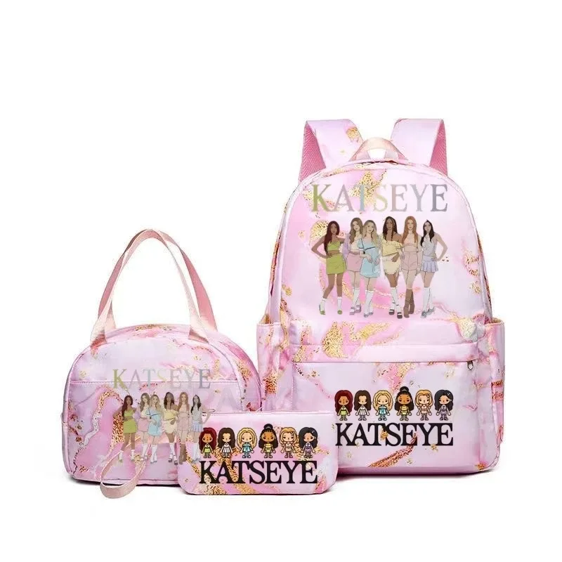 sacs à dos katseye à imprimé amusant avec sacs à lunch, multi-poches, camouflage, pour adolescents, sac à dos de voyage pour ordinateur portable, sac d'école pour femmes, mochila