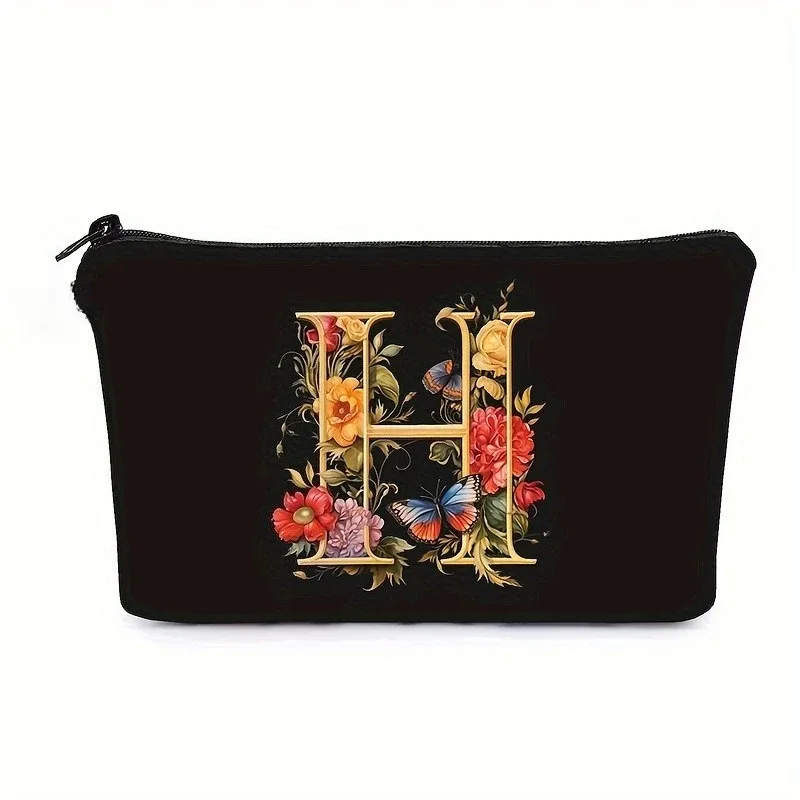 trousse de maquillage noire avec imprimés de 26 lettres de l'alphabet anglais, pochette à cosmétiques, sacs de rangement multifonctionnels